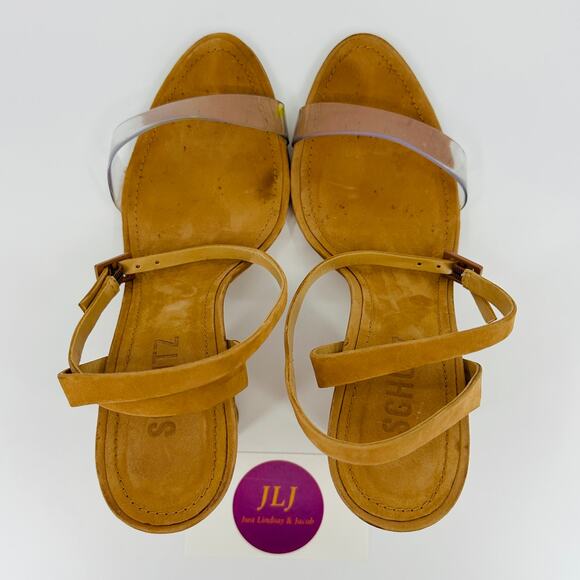 Schutz Women's Geisy Toasted Nut Suede Illusion Ankle Strap Block Heels Size 7.5 - Picture 9 of 11